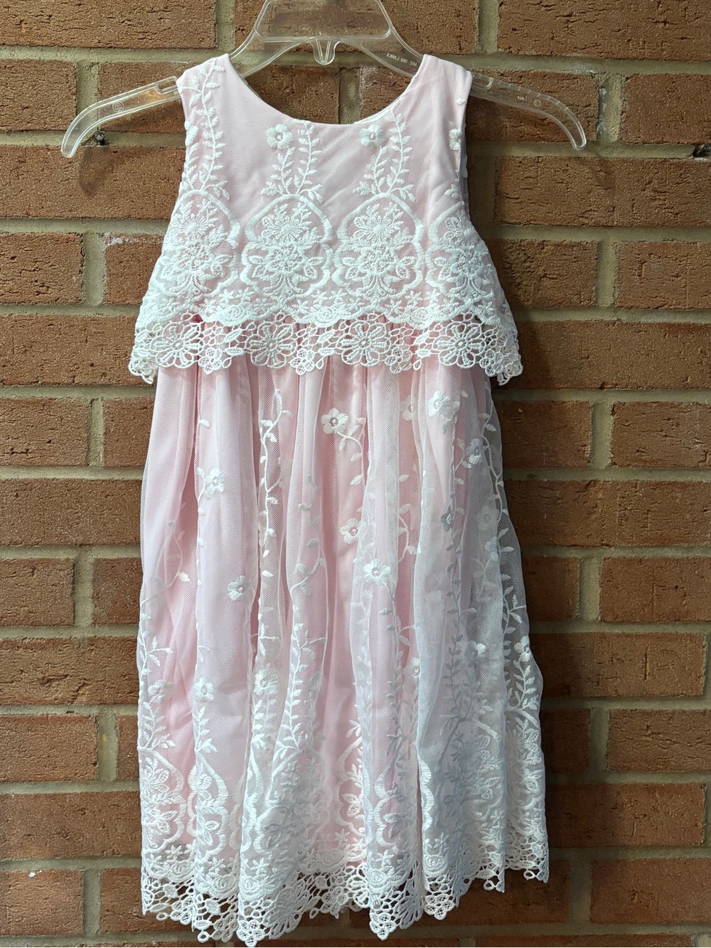 Blueberi Boulevard Pink and White Floral Lace Overlay Formal Dress
